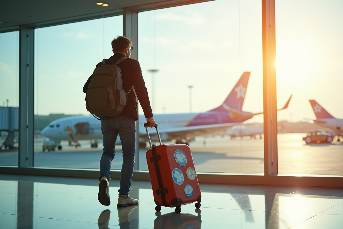 Voyageur dans un aéroport moderne avec valise à stickers Antarctique