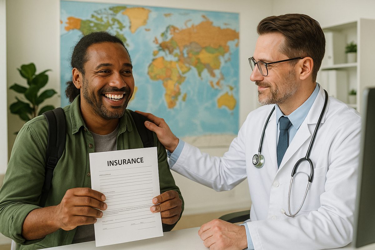 Voyageur international souriant avec documents d'assurance dans un cabinet moderne