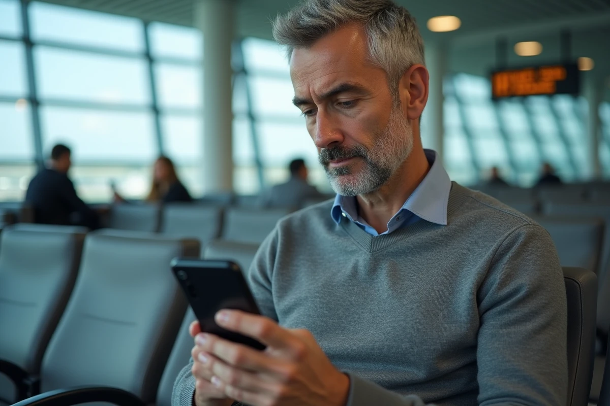 Homme à l'aéroport comparant deux applications de voyage affichant des durées de vol différentes pour le trajet Paris-Sydney