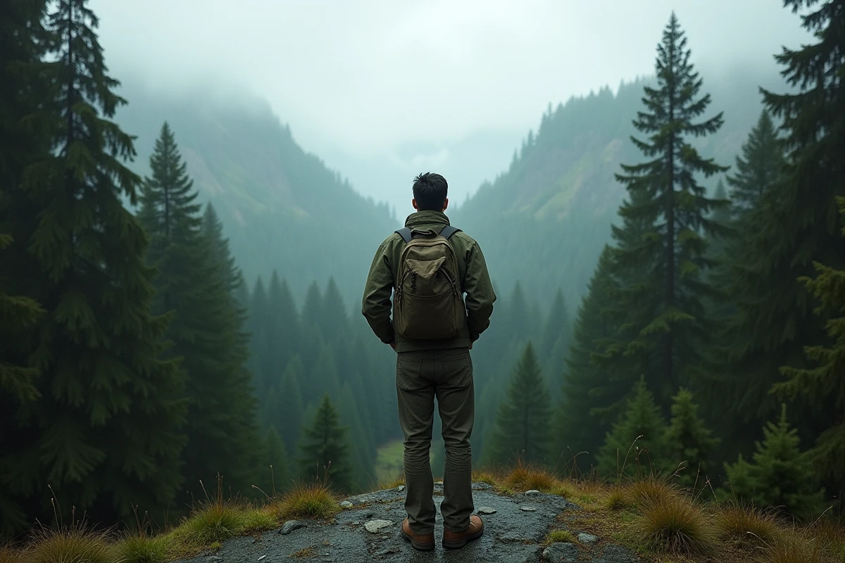 Voyageur solitaire contemplant une forêt brumeuse du nord-ouest américain, paysage de film d'aventure