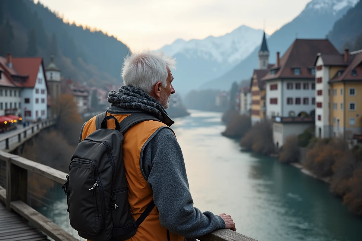 Voyageur observant Oberammergau depuis un pont au lever du jour