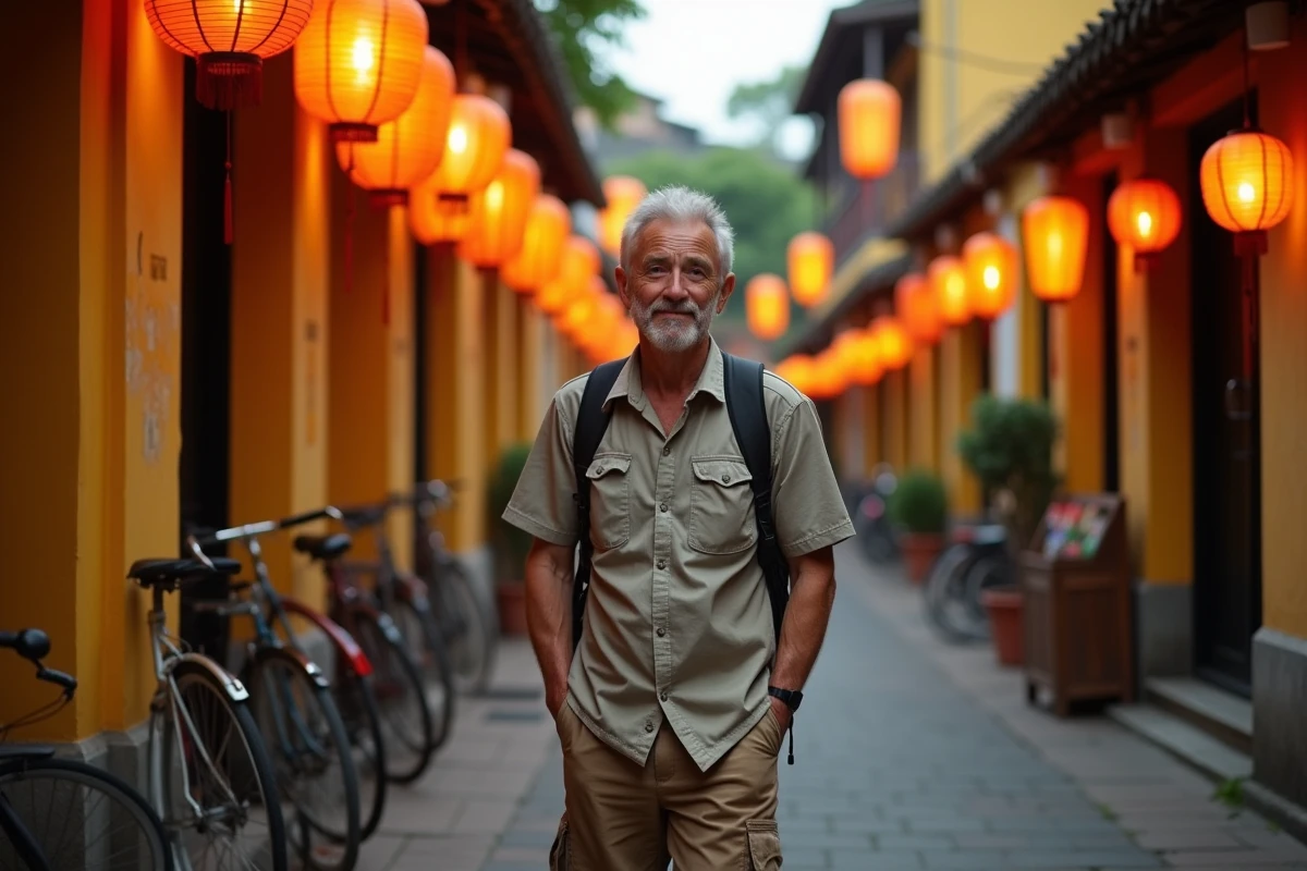 Voyageur explorant les ruelles aux lanternes de Hoi An au Vietnam