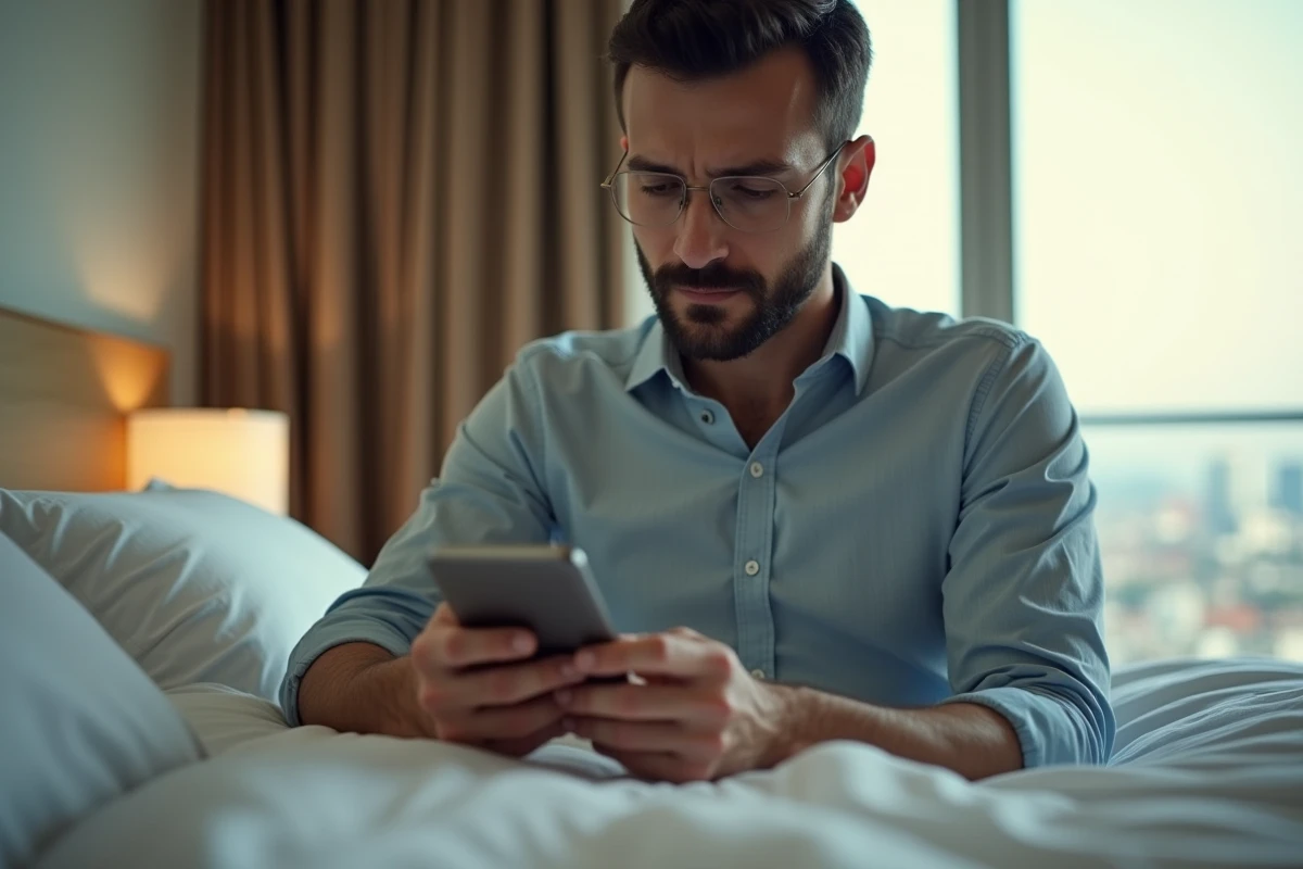 Voyageur consultant les conditions de réservation AZAMI VOYAGE sur son téléphone dans une chambre d'hôtel