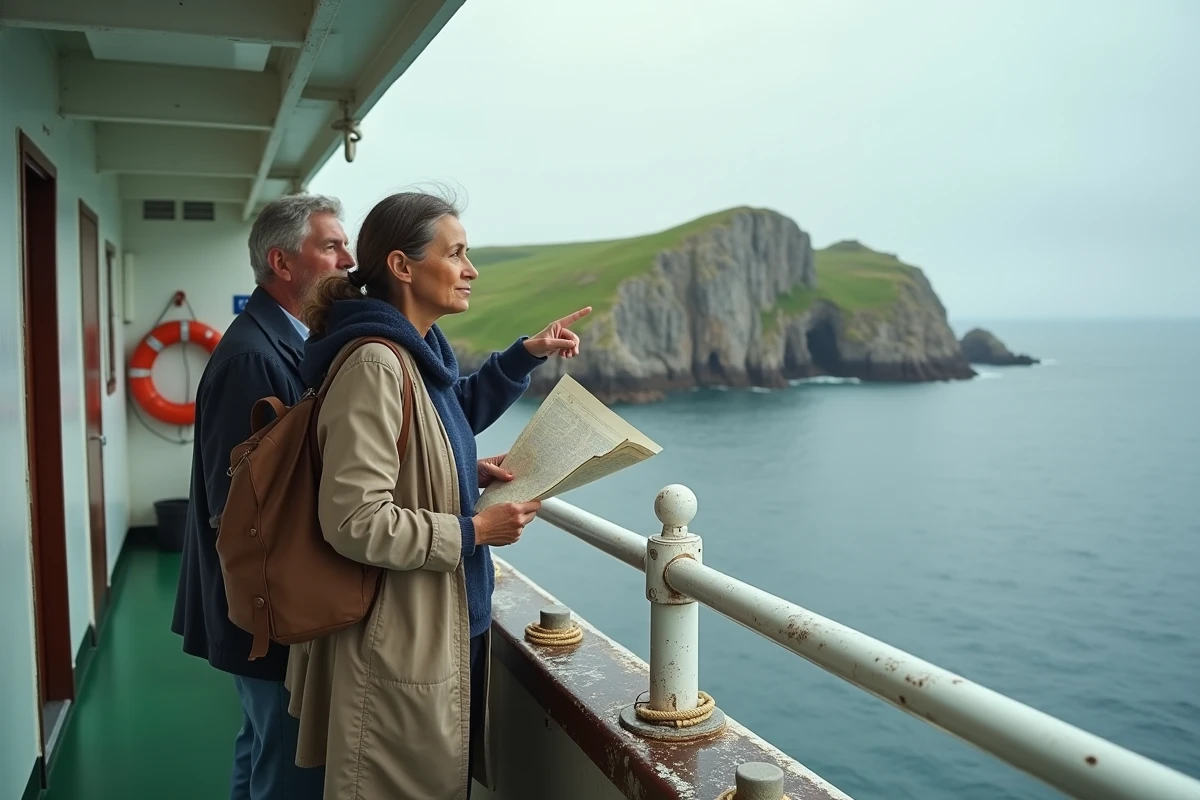 Deux voyageurs appuyés au bastingage d'un bateau observant la côte de l'île de Groix à l'approche du port