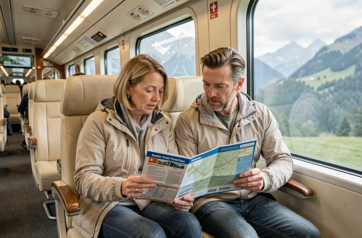 Voyageurs consultant un Swiss Travel Pass à bord d'un train panoramique suisse avec paysage alpin en arrière-plan