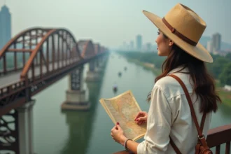 Voyageuse solo sur le pont Long Bien à Hanoï avec carte en main, Vietnam