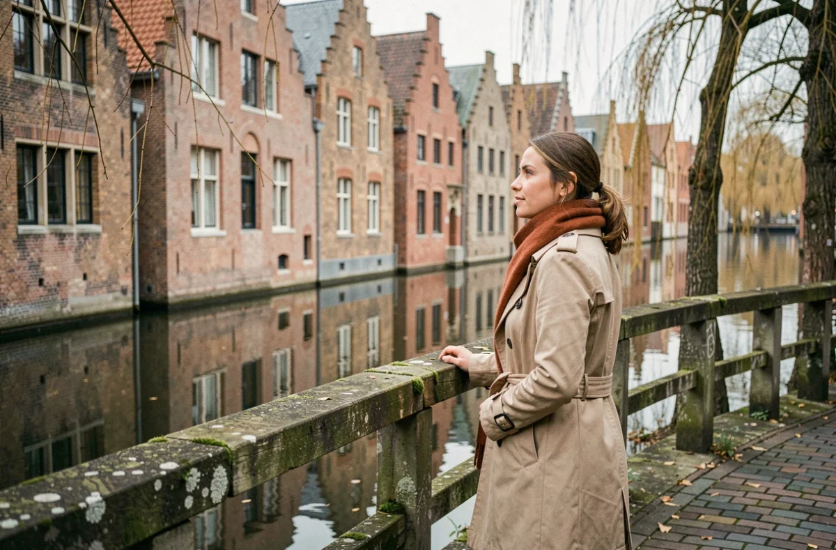 Voyageuse solo sur un pont au-dessus d'un canal de Bruges en automne, contemplant le reflet des maisons médiévales dans l'eau
