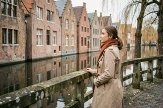 Voyageuse solo sur un pont au-dessus d'un canal de Bruges en automne, contemplant le reflet des maisons médiévales dans l'eau