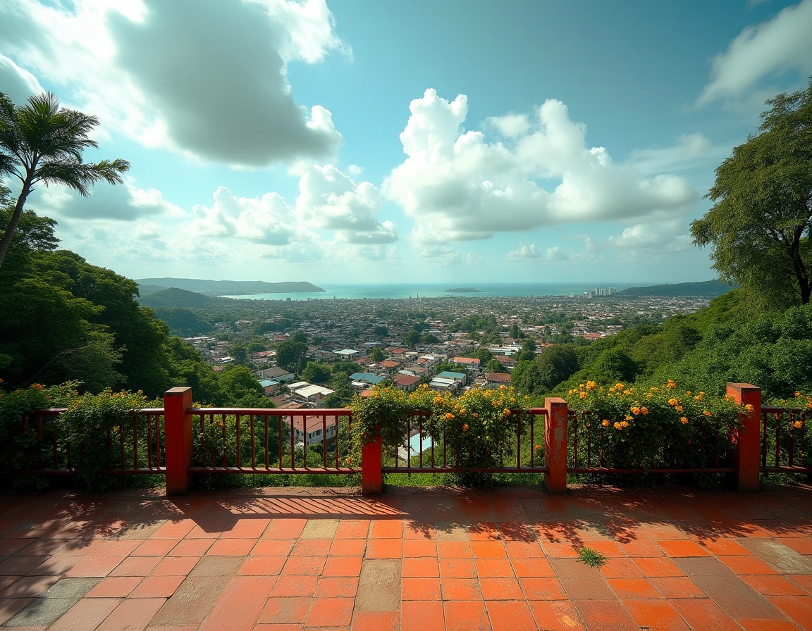 Vue panoramique de Kingston en Jamaïque depuis une terrasse surélevée avec le port visible à l'horizon