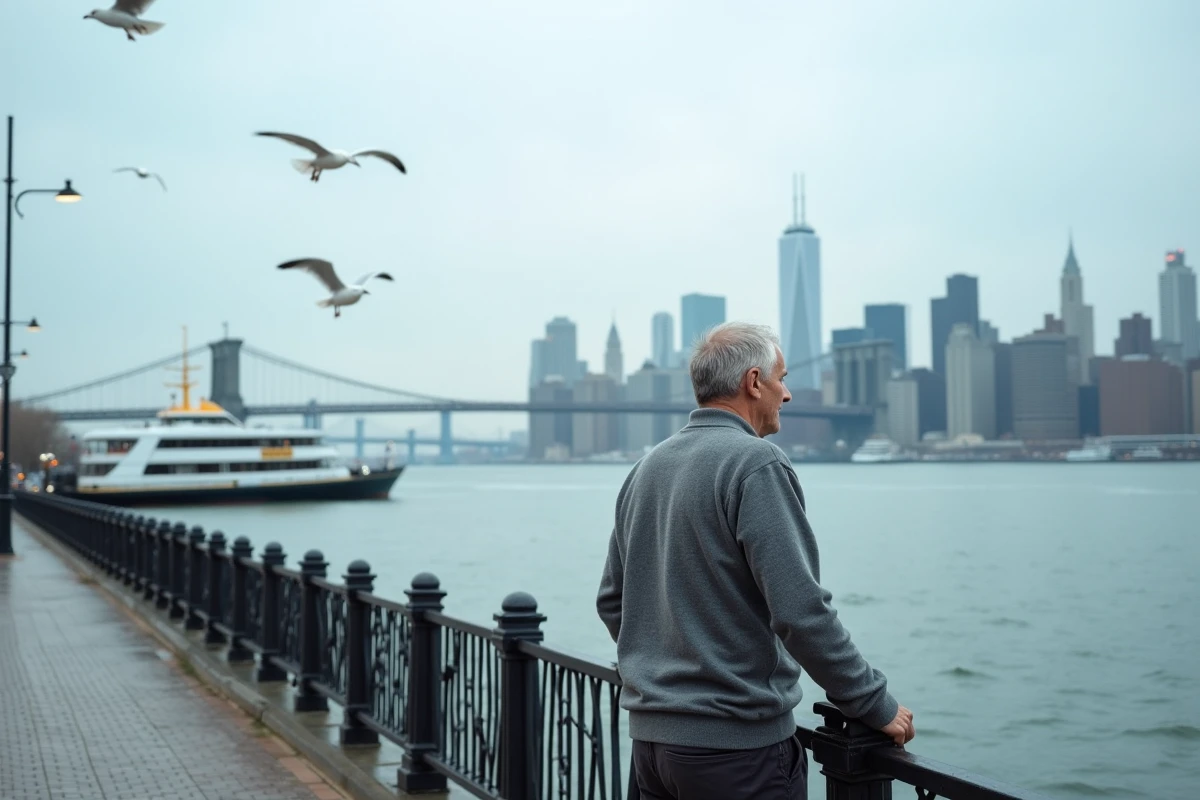 Homme contemplant la skyline de Manhattan depuis la promenade du waterfront de St. George à Staten Island